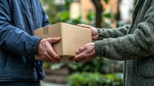 Two people exchange a cardboard box outdoors, one person handing it over to the other—a great example of how Indianapolis donations can make a difference in the community.