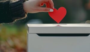 A person places a red paper heart into a white donation box, reflecting the spirit of Chicago faith-based cancer support.