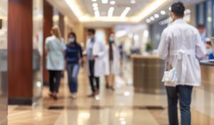 Doctors and medical staff walk and converse in a brightly lit hospital hallway, some wearing lab coats and masks, as a reception desk stands in the background—highlighting Wheaton volunteer opportunities to support healthcare teams.
