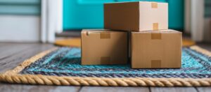Three cardboard packages, like thoughtful Wheaton cancer care packages, are stacked on a blue-striped doormat in front of a turquoise door.