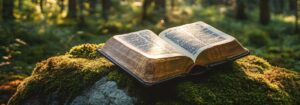 An open book lies on a moss-covered rock in a sunlit forest, with light illuminating its pages—evoking hope found in Chicago faith-based cancer support.