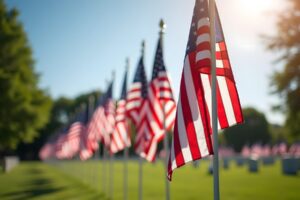Rows of American flags line a cemetery on a sunny day, with headstones visible in the background—reminding visitors of the sacrifices honored, and inspiring Crown Point volunteer opportunities within the community.