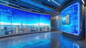 A modern, high-tech studio with large digital screens displaying a city skyline and data graphics, featuring blue ambient lighting and a reflective floor—ideal for spotlighting Indianapolis donations and community initiatives.