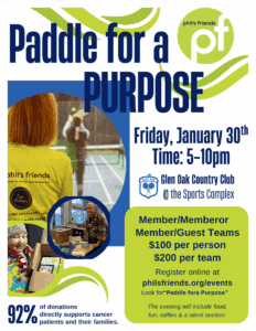 Flyer for "Paddle for a Purpose" event on January 30, 5-10pm at Glen Oak Country Club. $100 per person, $200 per team. Proceeds benefit Phil’s Friends cancer support.
