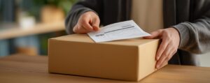 A person attaches a shipping label to a cardboard box on a wooden table in a well-lit indoor setting.