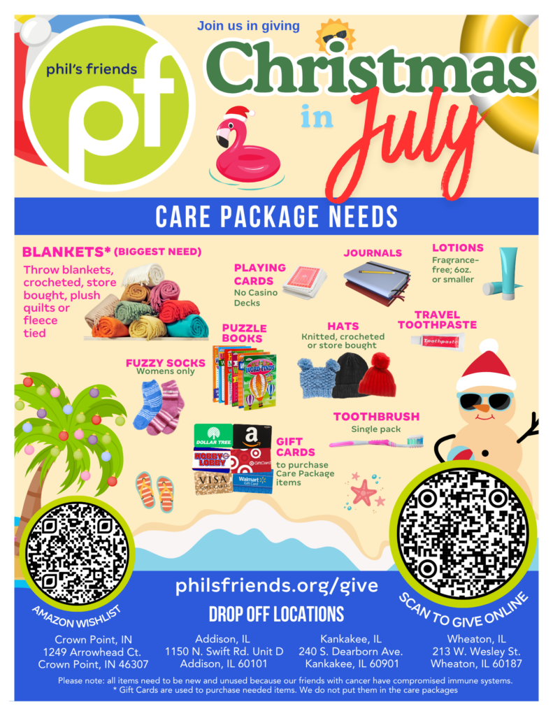 In-Kind <br>Donations A flyer for Phil's Friends' "Christmas in July" care package drive, listing needed items like blankets, journals, hats, and drop-off locations, with QR codes for donation links.
